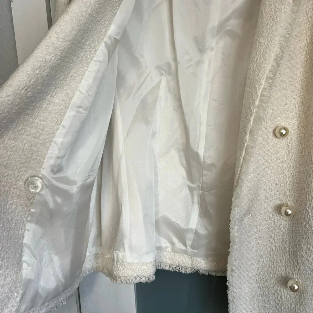 NWT Helene London Tweed Blazer Jacket Double Breasted Fringe Cream Pearl Medium - Picture 8 of 16